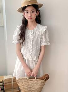 DAZY Tween Girls' Summer Fashionable Swiss Dot Puff Sleeve Top & Skirt 2-Piece Set Vacation - White - View 7