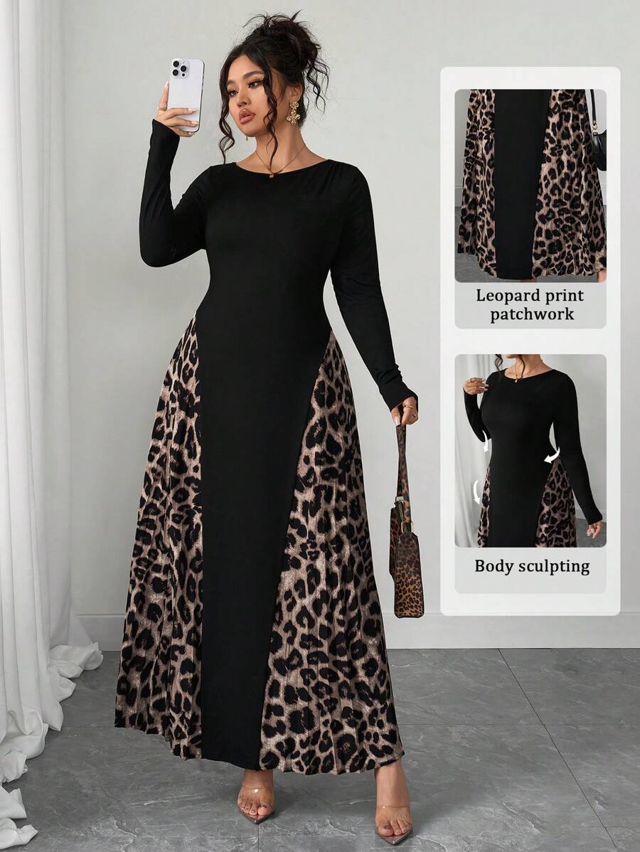 Elenzga 加大码优雅针织弹力豹纹拼接褶皱A字长裙 - 黑色 - 查看 1