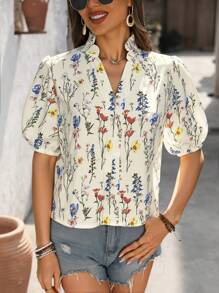 Chiquease Women Fashionable Simple New Spring/Summer Short Puff Sleeve Stand Collar Print White Blouse - Apricot - View 4