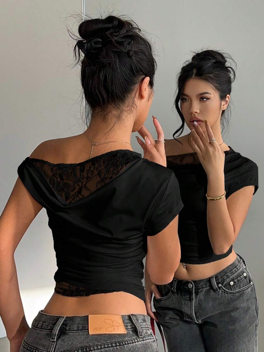 Siren Gaze Women's Asymmetrical Shoulder Splice Black Lace Short Sleeve T-Shirt Crew Neck Top, Summer Casual - Black - View 1
