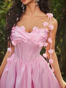 Lovelzi 优雅浪漫浅粉色缎面 3D 花卉系结蝴蝶胸围紧身胸衣 V 形腰部超全裙，适合晚会、舞会、毕业典礼、婚礼、成人仪式、舞会礼服 - 粉色 - 查看 5