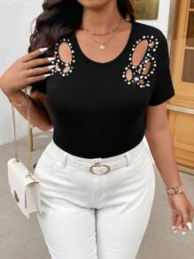 Celure Plus Size Women Elegant Knit Short Sleeve Embroidered Beaded Decor Slim Fit Black Bodysuit - Black - View 7