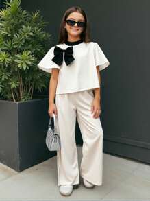 SHEIN Nova Glow Tween Girls Casual Commuter Black & White Contrast Bow Decor Short Sleeve Top And Leggings 2 Pieces Set