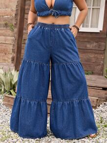 EMERY ROSE Plus Size Loose Fitting Versatile Tiered Denim Pants - Dark Wash - View 7