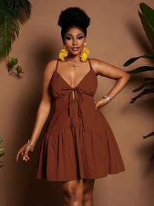 Maweii Vestido mini asimétrico de línea A con volantes, de talla grande, para mujer, con tirantes finos, cuello en V y cintura anudada, elegante para vacaciones, en unicolor, para primavera y verano - Café integral - Ver 1