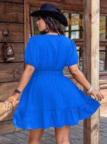 Flirla Plus Size Embroidered Vowel Pattern Dress, Simple & Fashionable, Suitable For Summer - Multicolor - View 2