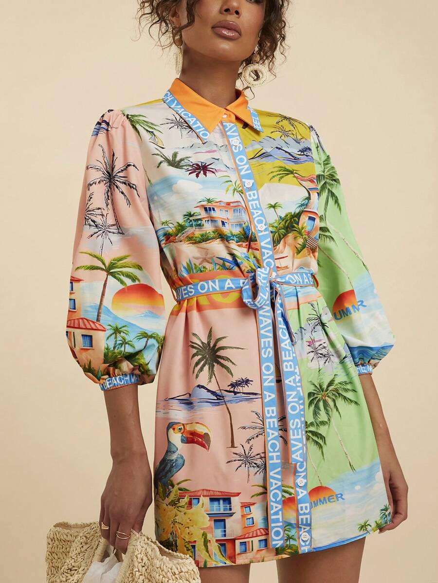 SHEIN TRVLCHIC 女士夏季度假热带印花灯笼袖连衣裙、女士夏季服装、女士沙滩装、女士西部装、女士演唱会服装、波西米亚风、热带度假、女士波西米亚风连衣裙、女士热带连衣裙、女士连衣裙、度假新品女士连衣裙、女士度假服装 - 彩色 - 查看 1