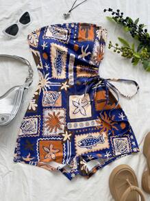 Soleia Tuta fasciante con spalline imbottite, con elementi tropicali di isola estiva come alberi di cocco, vita con laccetto, design traforato, adatta per vacanza, appuntamento, San Valentino, pomeriggio, Pasqua, vacanza, casual, boho, stile western, festival musicale, campagna, brunch, spiaggia, aeroporto, morbida, laurea, abbigliamento da vacanza donna, tuta fasciante, abito da cerimonia - Multicolore - Visualizzare 4