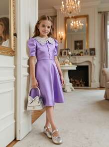 Vestido midi elegante para niña preadolescente con cuello bordado y mangas abullonadas - Morado - Ver 6