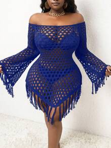 Slaydiva Plus Size Sexy Off Shoulder Tassel Knitted Cover-Up For Summer Beach Vacation - Royal Blue - View 1