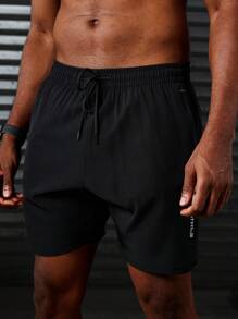 Manfinity Sport Polished Men's Reflective Stripe Letter Print Drawstring Waist Sports Shorts Sweater Shorts Running Shorts