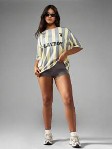 Missguided x Playboy Oversized Jersey T-Shirt Retro Striped Sports Style Streetwear Summer Athletic Tee Loungewear Urban Fashion Statement Logo Athleisure Collaboration