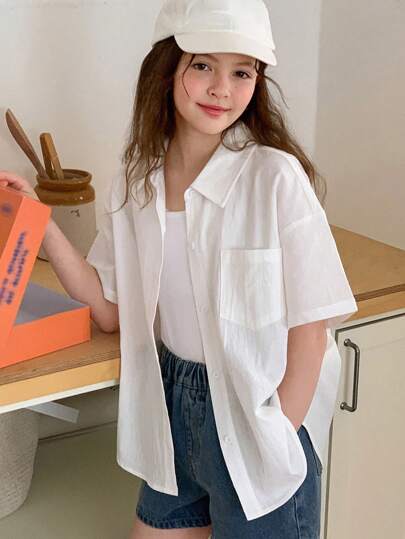 Hapijoa Tween Girl Collared Short Sleeve Shirt, Summer,Back To School Clothes