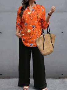 SHEIN LUNE 2pcs Plus Size Summer Random Floral Print Notched Neck Top And Pants Set - Multicolor - View 3