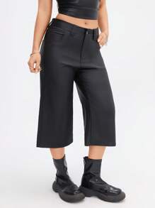 Women's Coated Solid Color Loose Capri Pants With Pockets, Casual - Black - View 1