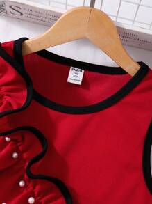 Sleeveless Asymmetrical Pearl Trim Ruffle Hem Tank Top For Tween Girls, Summer Cute Tops For Girls Tops For Girls Kids,For Holiday,Travel,Summer - Red - View 6