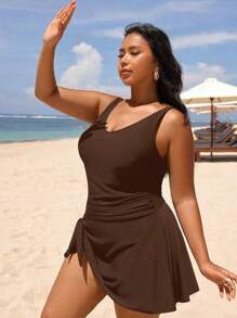 Swim Lushoire Plus Size One-Piece Swimsuit, Solid Color, Fashionable For Summer