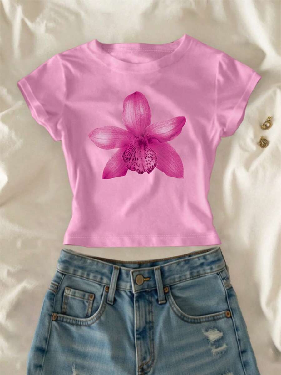 INAWLY 女士花卉印花圆领短袖休闲百搭 T 恤 - 彩色 - 查看 1