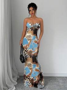 Selianne 无袖扭纹镂空后背绑带修身豹纹长连衣裙 - 彩色 - 查看 5