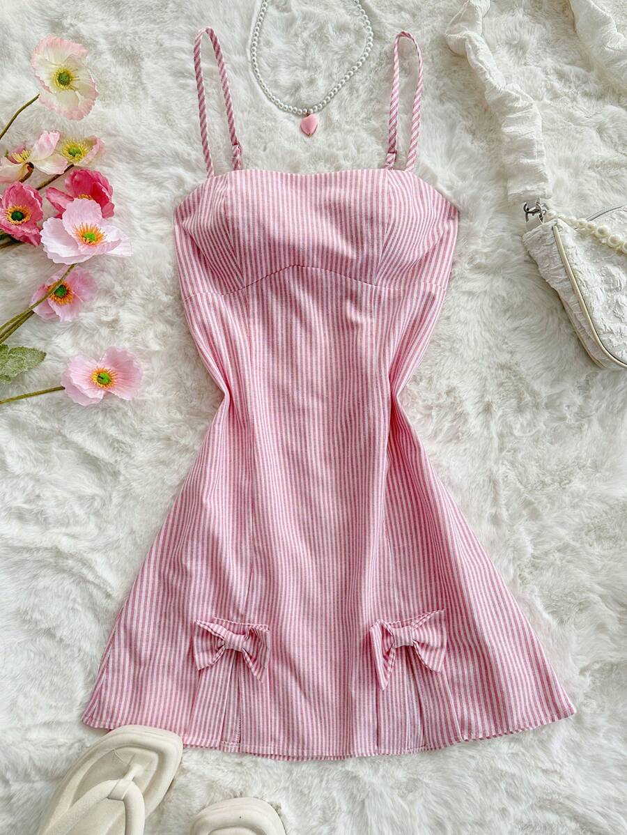 Sweetina Slim-Fit Striped Open-Slit Bowknot Detail Camisole Mini Dress - Pink - View 1