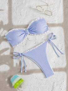 Swim Mod 女士新款时尚条纹印花露背系带荷叶边三角泳裤侧系带泳衣套装，夏季沙滩比基尼