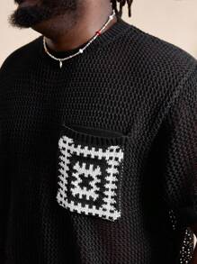 EASEVO 大码男士黑白针织上衣和短裤两件套，适合秋冬 - 黑與白 - 查看 5