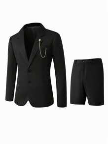 Manfinity Mode Men's Solid Color Suit Shorts, Fashionable Summer Outfit Men Suit Set Men Casual Suit - Black - View 3
