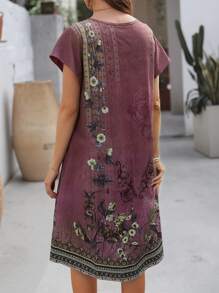 EMERY ROSE Women's Summer Short-Sleeved Dress With Geometric Pattern Print - Hot Pink - View 2