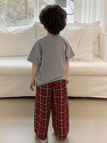 Hapijoa Kids Boys Crew Neck Knitted Short Sleeve T-Shirt + Plaid Pants Homewear, Spring/Summer - Multicolor - View 2