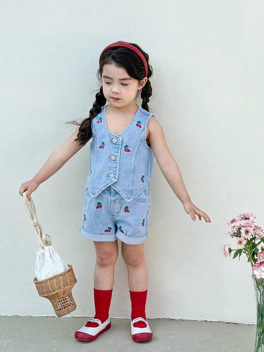 Young Girls Denim Two Pieces Outfits - Light Wash - View 1