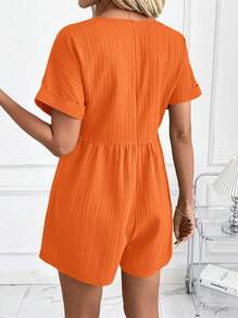 SHEIN Clasi Women's V-Neck Green Wave Print Short Sleeve Romper, Elegant Vacation & Daily Wear Jumpsuit - Orange - View 2