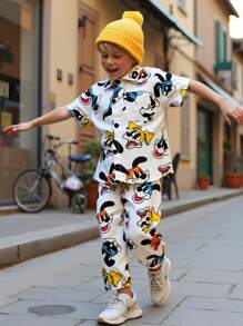 SHEIN 2 pezzi Completo casual per bimbi piccoli con camicia a colletto e pantaloni con stampa colorata di cani, con borsa a tracolla, adatto per attività all'aperto, primavera/estate