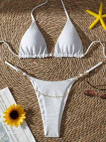 Swim Mod Women Summer Beach Halter Neck White Bikini Set - White - View 1