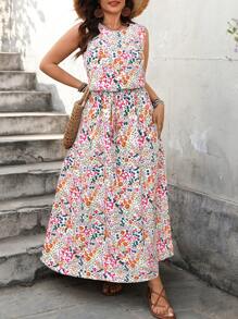 SHEIN LUNE Damen Große Größen ärmelloses Kleid mit Kordelzug in der Taille, schwarz und beige, kühlend, stresslindernd, elegantes Abendkleid, modische Loungewear, Sommeroutfits, St. Patrick's Day, Festival, Frühlingsferien, Boho - Verschiedenfarbig - Übersicht 4