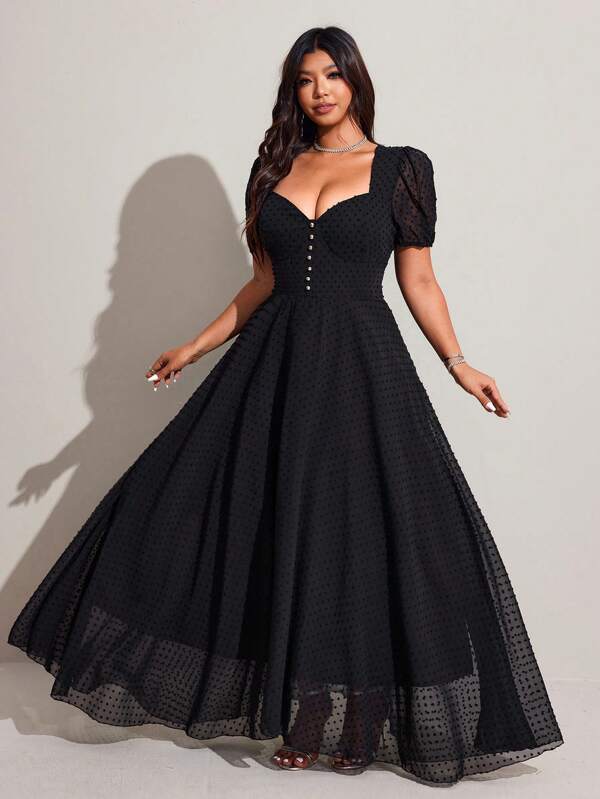 Viva Relle Plus-Size Women's Fabric Buttons Decorated Sexy Short-Sleeved Mid-Length Slimming Dress