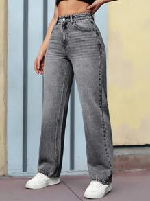 Slant Pocket Straight Leg Jeans - Grey - View 4