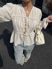 SHEIN Essnce 女士夏季新款系带衬衫，时尚适合夏天 - 白色 - 查看 1