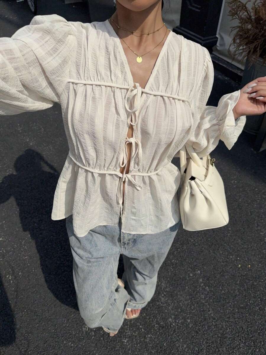 SHEIN Essnce 女士夏季新款系带衬衫，时尚适合夏天 - 白色 - 查看 1