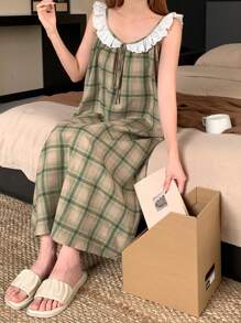 DAZY 甜美格子荷叶边领宽松吊带裙睡衣 - 綠色 - 查看 1