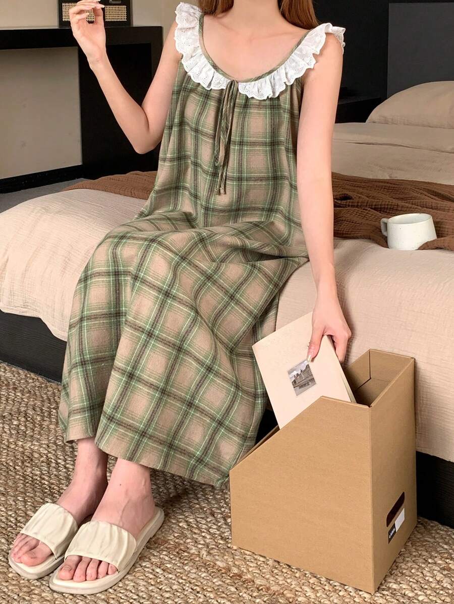 DAZY 甜美格子荷叶边领宽松吊带裙睡衣 - 綠色 - 查看 1