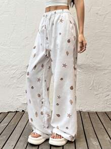 SHEIN EZwear Starfish & Shell Printed Lace-Up Comfy Plus Size Casual Pants Seashell Pants Boho Pants For Women