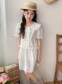DAZY Tween Girls' Summer Fashionable Swiss Dot Puff Sleeve Top & Skirt 2-Piece Set Vacation - White - View 6