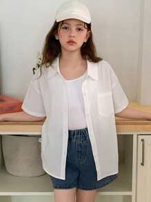 Hapijoa 青少年女孩领短袖衬衫，夏季，返校服装 - 白色 - 查看 5