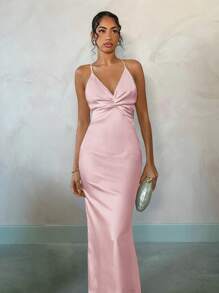 SHEIN BAE Váy Maxi Maxi hở lưng gợi cảm màu mơ trơn thanh lịch cho kỳ nghỉ bên bờ biển mùa hè, thích hợp cho hẹn hò hàng ngày, đi chơi đêm, hộp đêm, tiệc tùng, dạ hội, tiệc cocktail, tiệc hồ bơi, váy ngày lễ - Màu Hồng  San hô - Xem 6