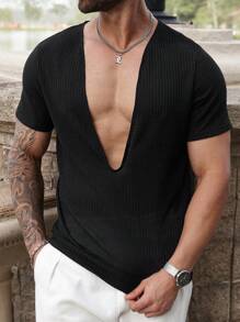 Manfinity Homme Plus Size Men's Simple Solid Color V-Neck Short Sleeve T-Shirt, Summer - Black - View 6