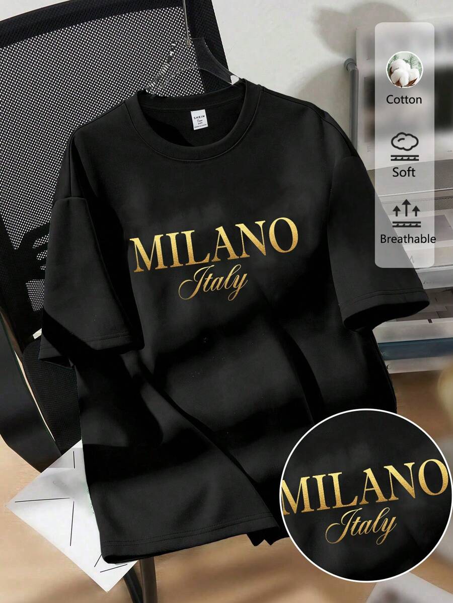 SHEIN EZwear 超大“Milano Italy”金色字母图案圆领短袖棉质T恤，女士休闲复古