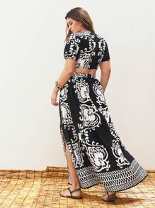Maija Plus Size Women's Black And White Print V-Neck Tie Front Crop Top & High Slit Swing Skirt 2pcs Set,Summer Elegant Boho Vacation Holiday Beach Outfits - Black and White - View 5