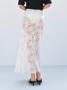 LYSMO Falda midi de encaje floral transparente de moda para mujer, nueva llegada 2025