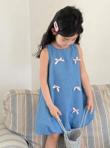 SHEIN Young Girl' Pink Ribbon Bow Denim Sleeveless Bubble Dress