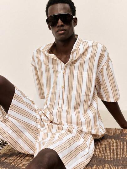 Ontre 2025 Summer Men's Vacation Casual Beach Daily Versatile Music Festival Leisure Striped Front Button Patch Pocket Short Sleeve Shirt Suitable For Graduation Party